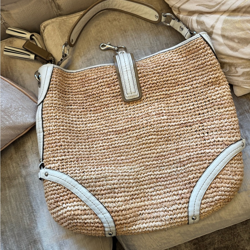 Coach Woven Straw Hobo Bag White Leather Trim Summer Tote with Scarf & Tassels - Picture 4 of 7